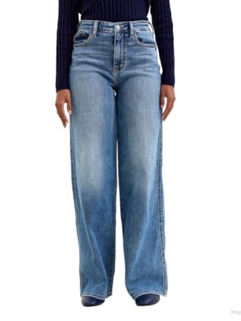 High Rise Straight Leg Jeans Stretch Denim Harness Trim
